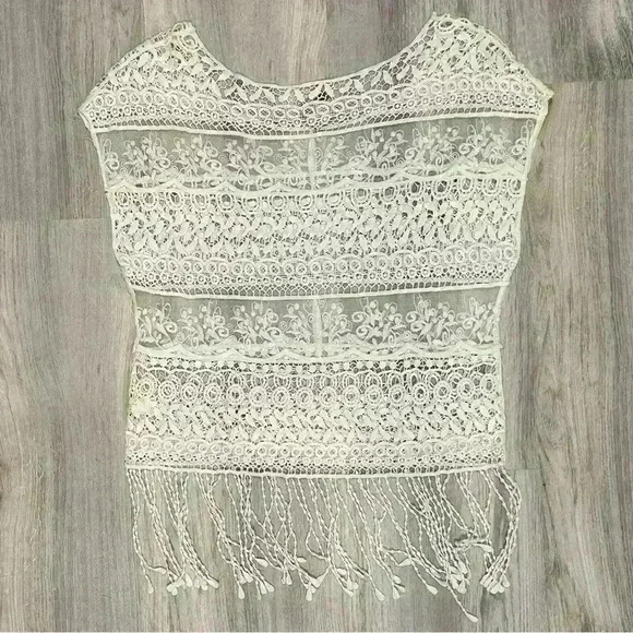 Blanc du Nil Sheer White Crochet Lace Sleeveless Top Swim Cover Up Fringe Size M - Picture 8 of 8